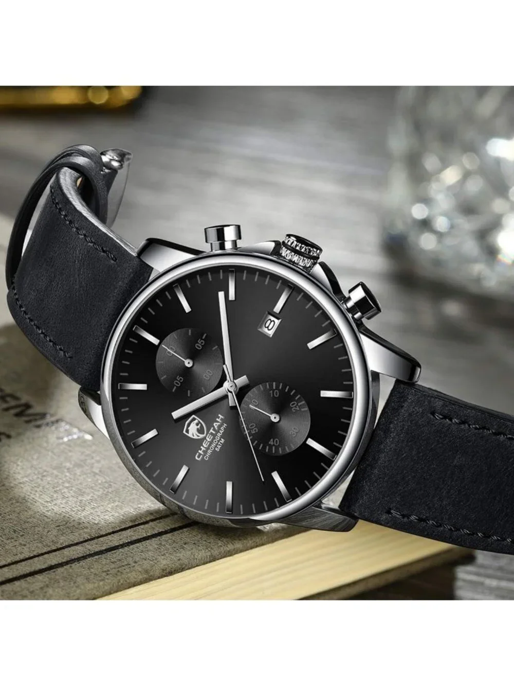 Men's Silver Gray Leather Strap Fashion Minimalist Analog Chronograph Watch